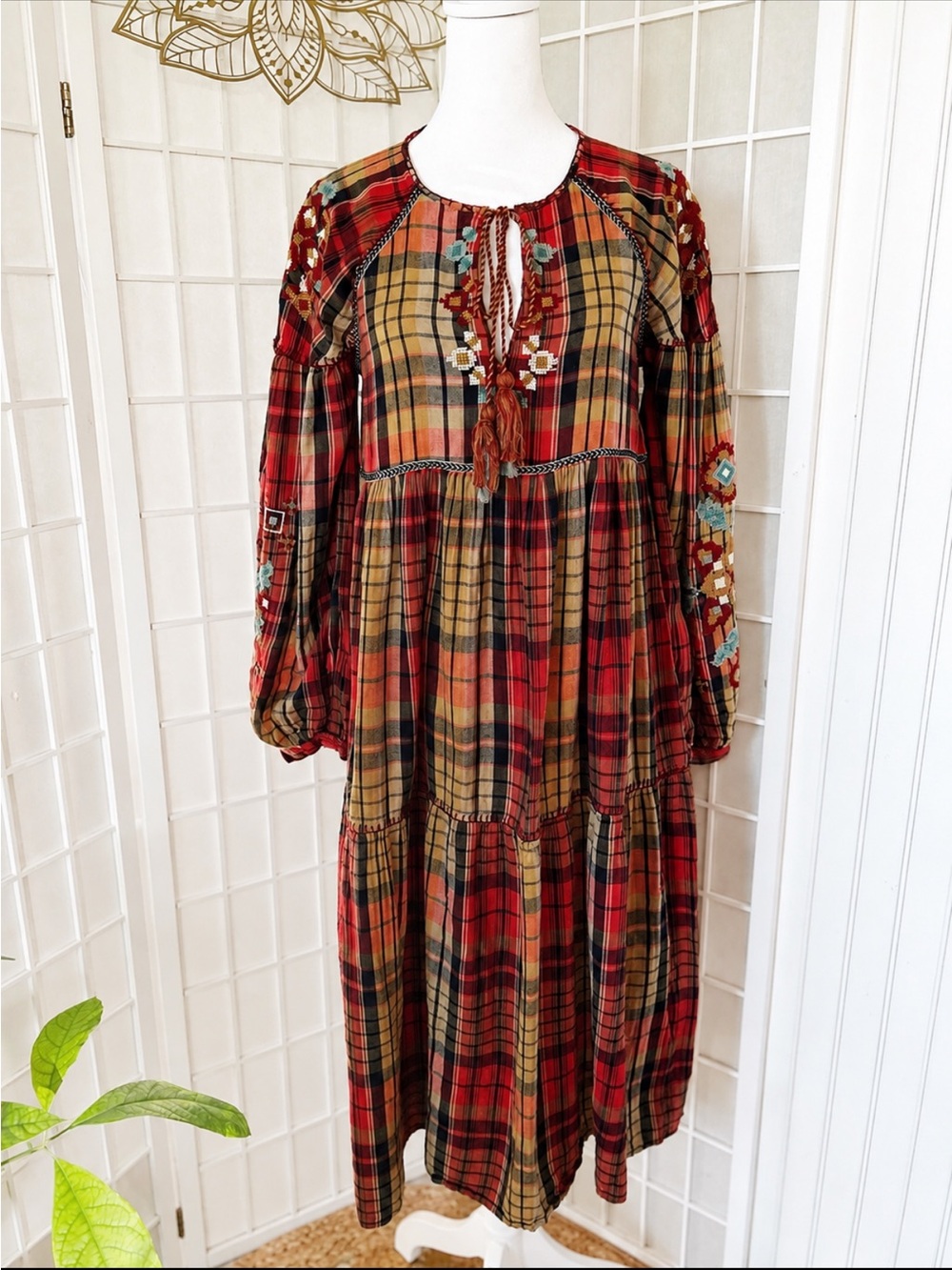 ZARA Boho Plaid Embroidered Maxi Dress – XS